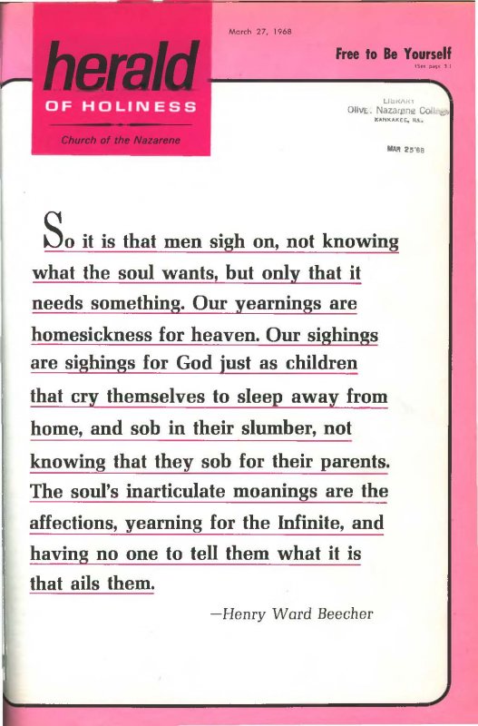 A quote from Beecher--cover of the Herald of Holiness - March 27, 1968.