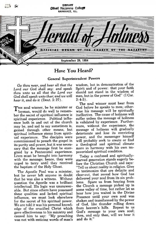 Title Page of Herald of Holiness - September 29, 1954