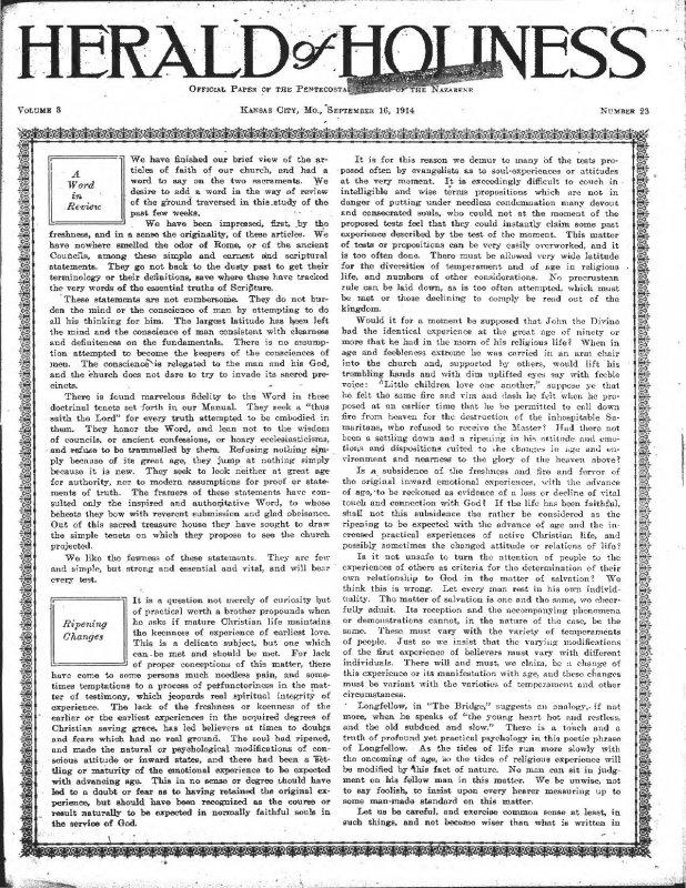 Title Page of Herald of Holiness - September 16, 1914