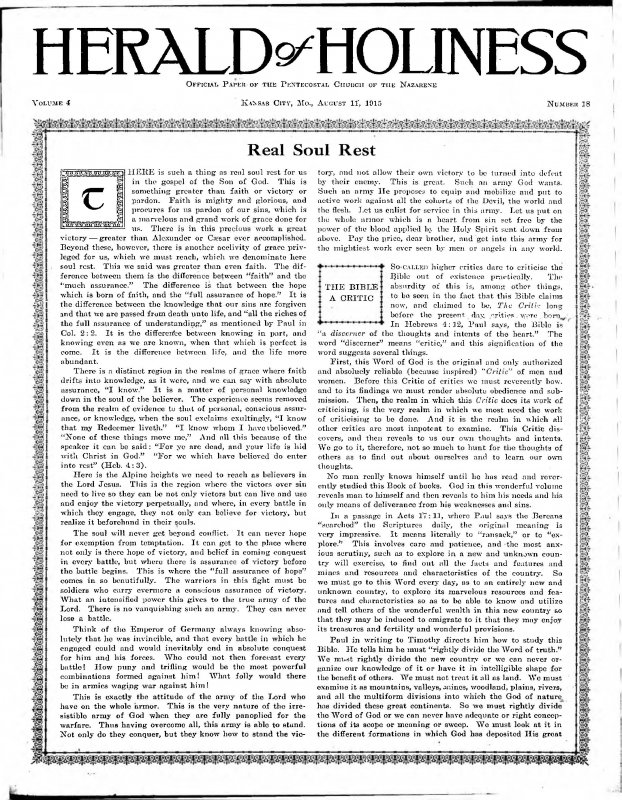 Title Page of Herald of Holiness - August 14, 1915