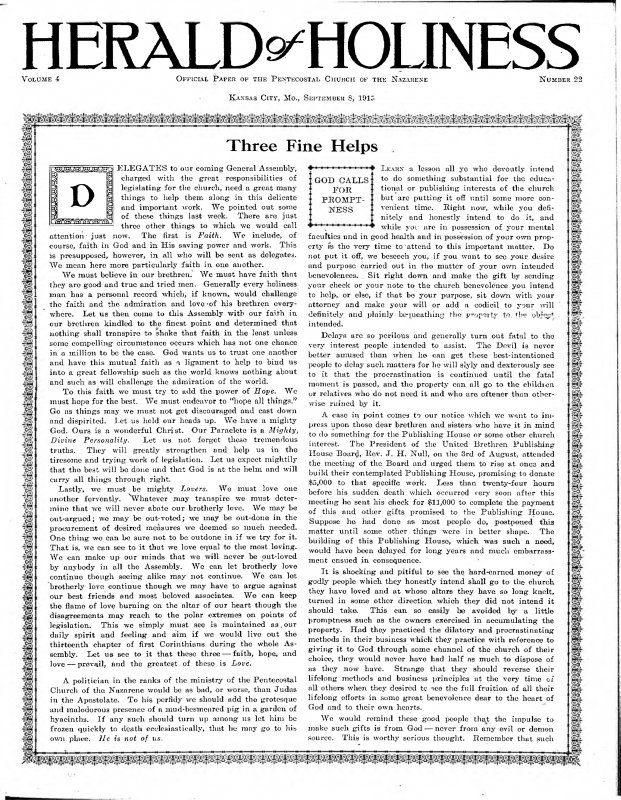 Title Page of Herald of Holiness - September 8, 1915
