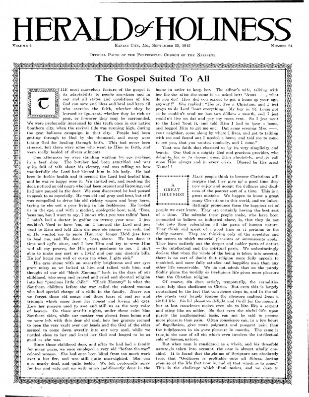 Title Page of Herald of Holiness - September 22, 1915