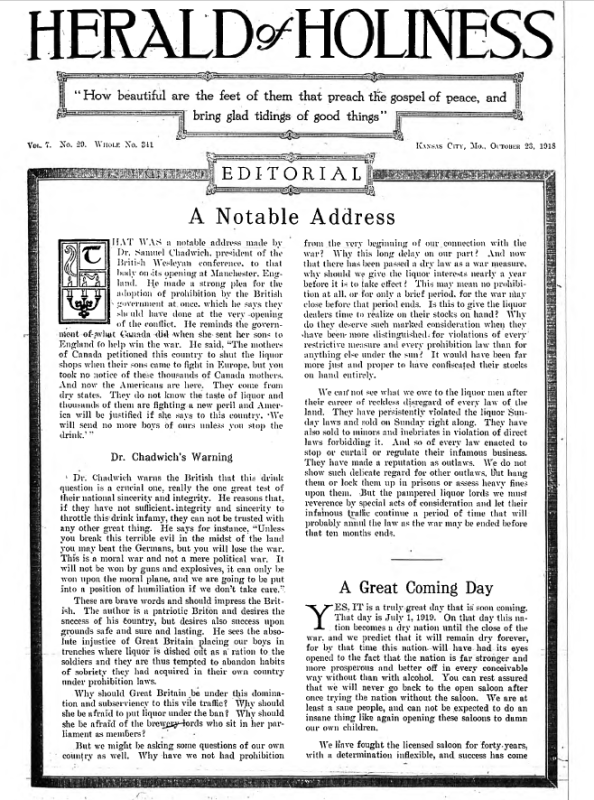 Title Page of Herald of Holiness – October 23, 1918