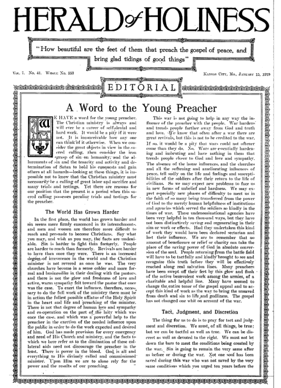 Title Page of Herald of Holiness - January 15, 1919