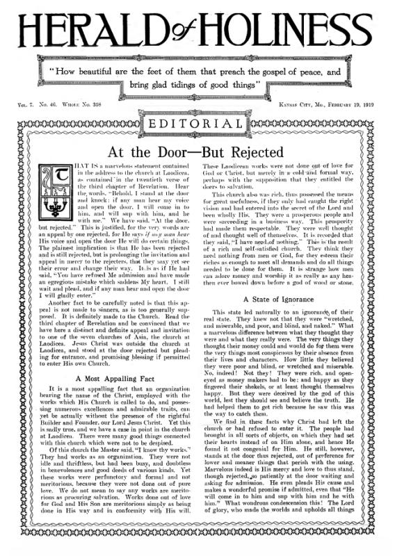 Title Page of Herald of Holiness - February 19, 1919