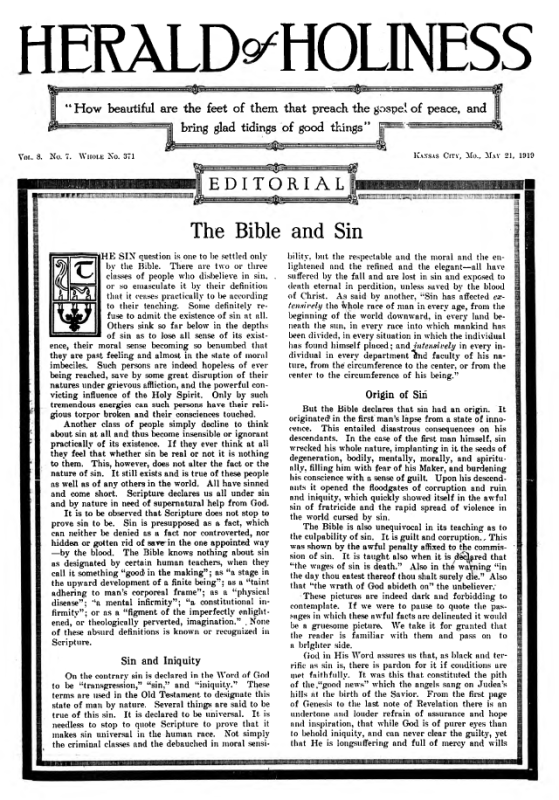 Title Page of Herald of Holiness - May 21, 1919