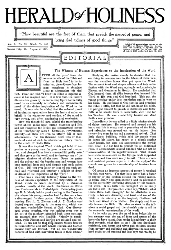 Title Page of Herald of Holiness - August 6, 1919