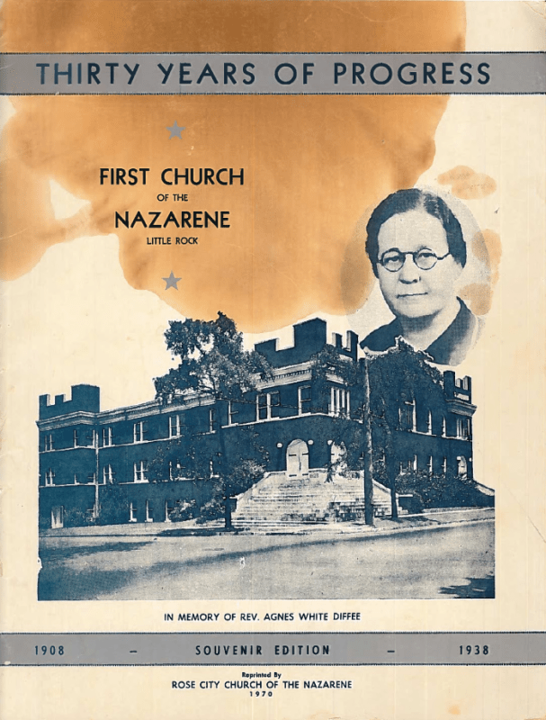 Cover page of Thirty Year of Progress, Image of First Church and portrait of Agnes White Diffee
