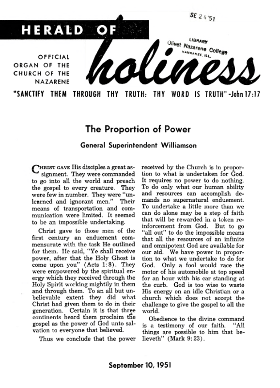 Title Page of Herald of Holiness - September 10, 1951