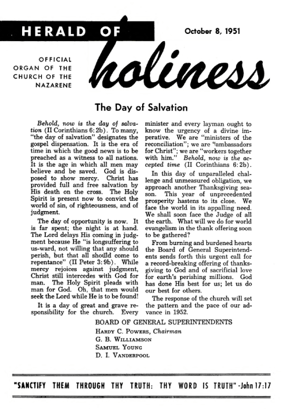 Title Page of Herald of Holiness - October 8, 1951