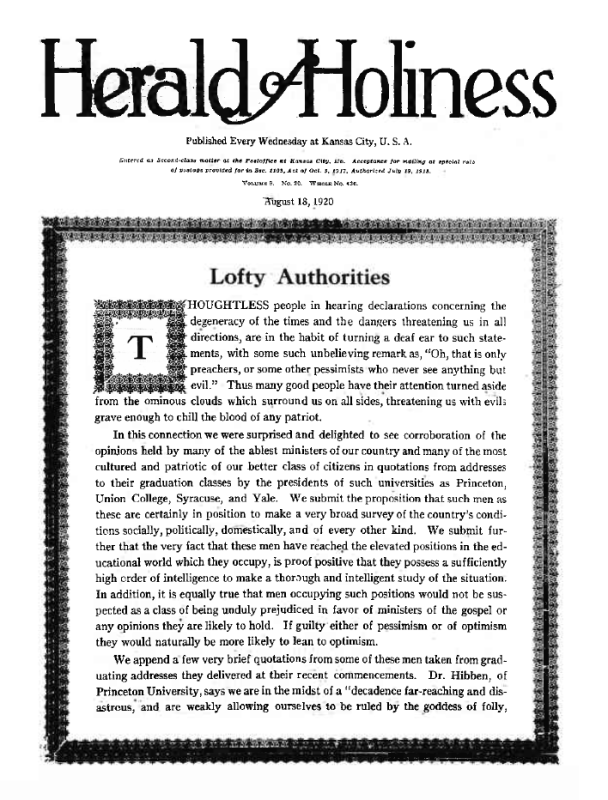 Title Page of Herald of Holiness - August 18, 1920