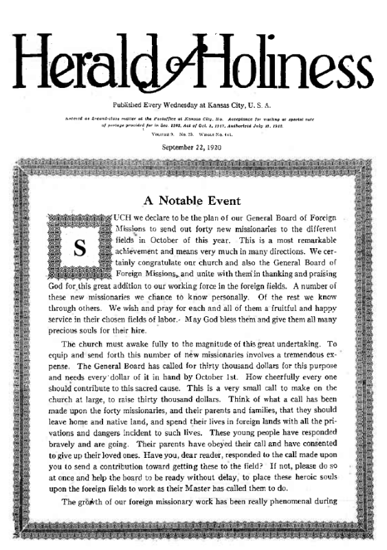 Title Page of Herald of Holiness - September 22, 1920