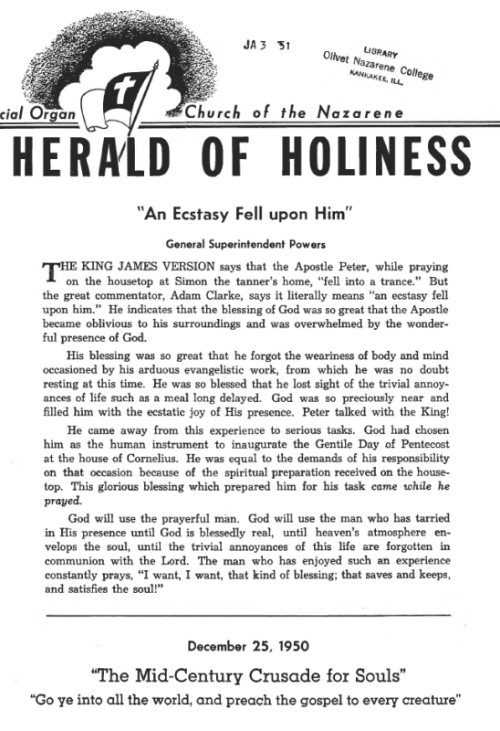 Title Page of Herald of Holiness - December 25, 1950