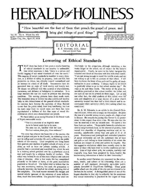 Title Page of Herald of Holiness - April 27, 1921