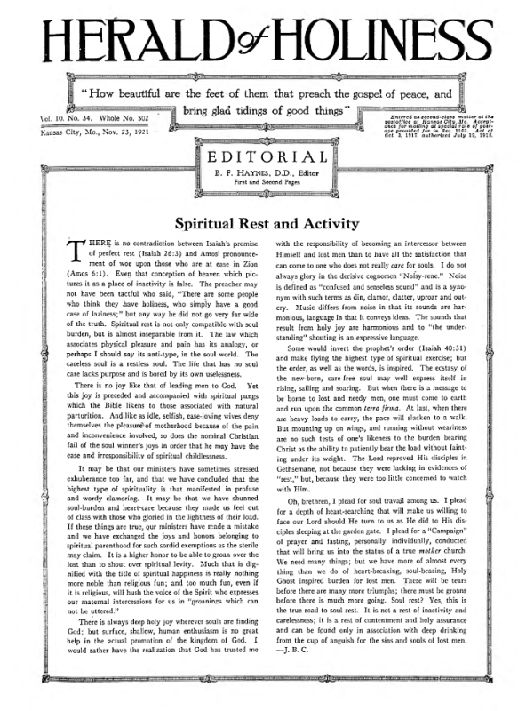 Front page of Herald of Holiness - November 23, 1921