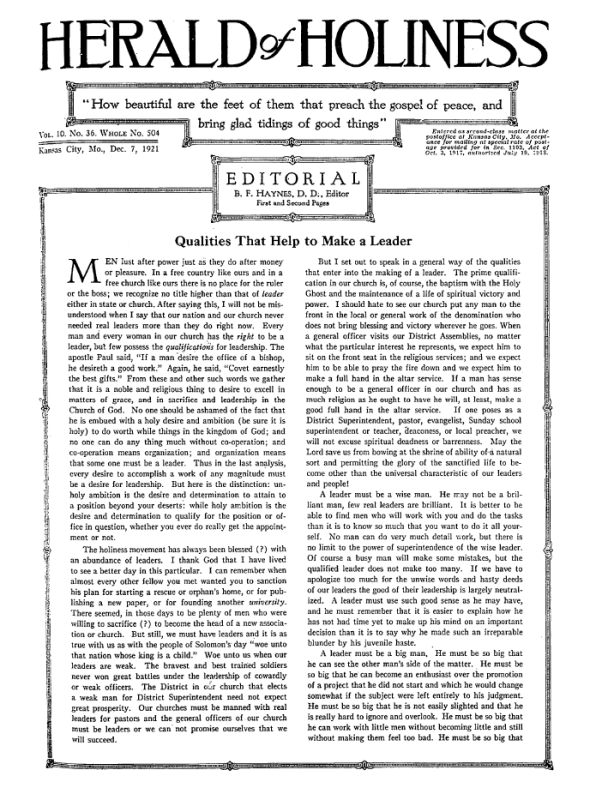 Front page of Herald of Holiness - December 7, 1921