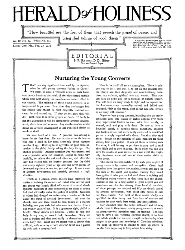 Front page of Herald of Holiness - February 22, 1922