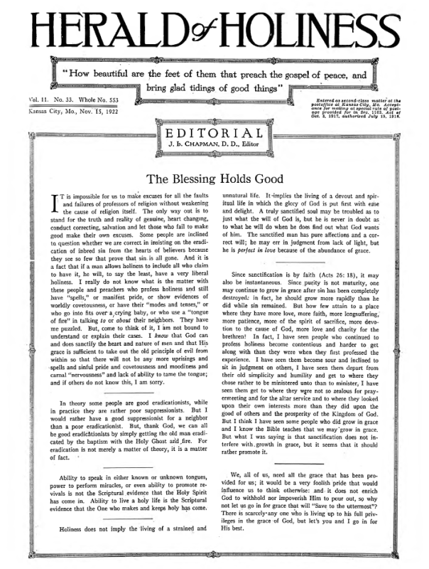 Front page of Herald of Holiness - November 15, 1922