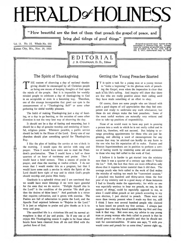 Front page of Herald of Holiness - November 29, 1922