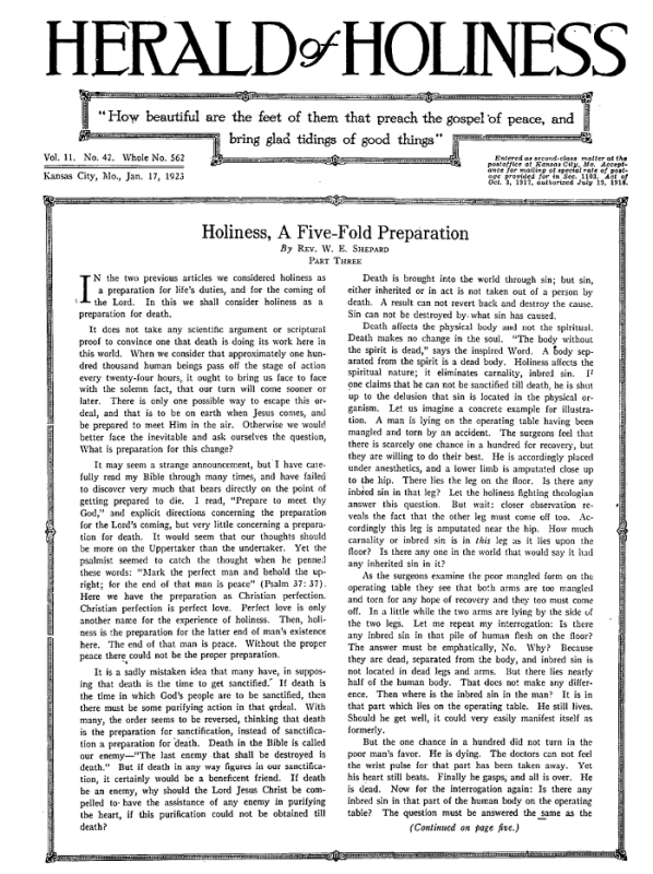 Front page of Herald of Holiness - January 17, 1923