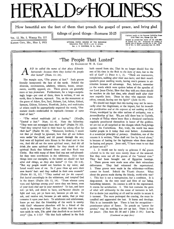 Front page of Herald of Holiness - May 2, 1923