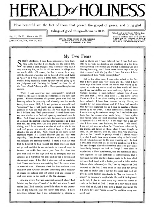 Front page of Herald of Holiness - November 14, 1923