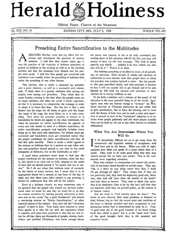 Front page of Herald of Holiness - July 16, 1924