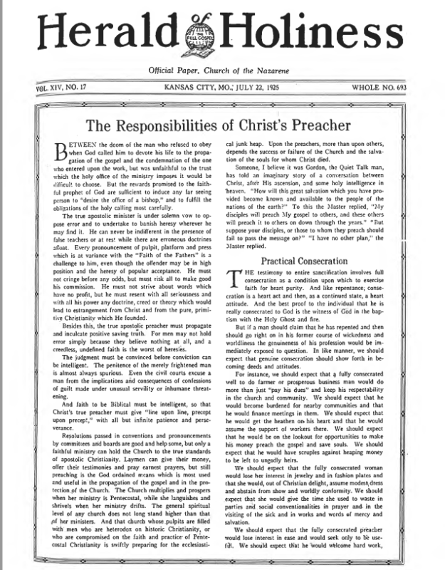 Front page of Herald of Holiness - July 22, 1925