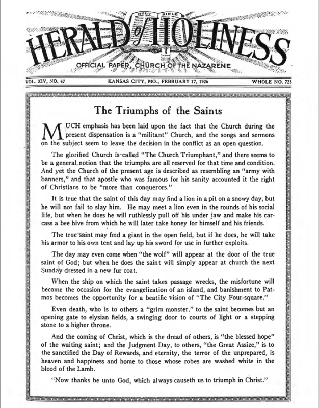 Front page of Herald of Holiness - February 17, 1926
