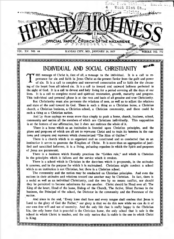 Front page of Herald of Holiness - January 26, 1927