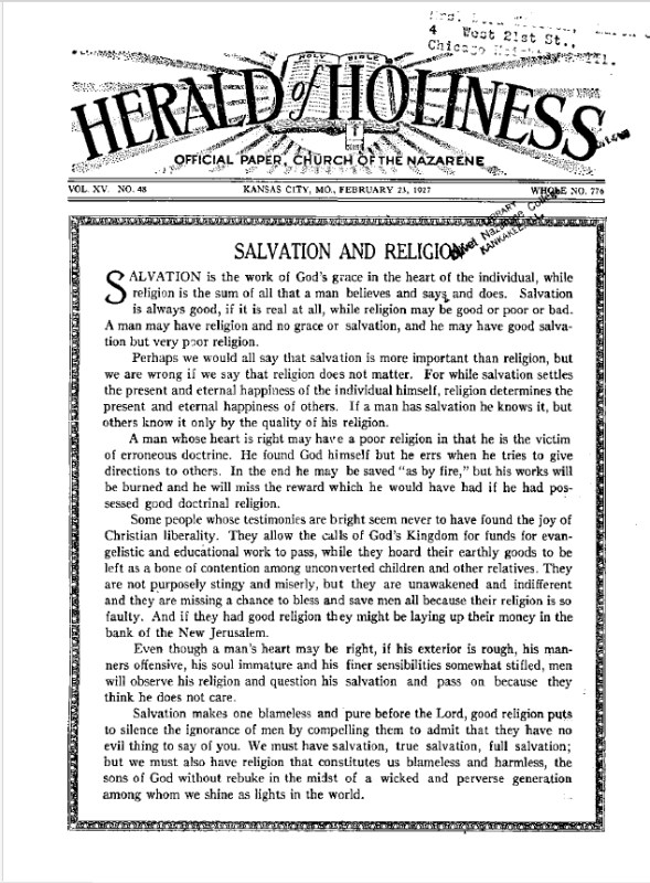 Front page of Herald of Holiness - February 23, 1927