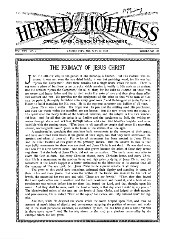 Front page of Herald of Holiness - May 18, 1927