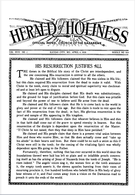 Front page of Herald of Holiness - April 4, 1928