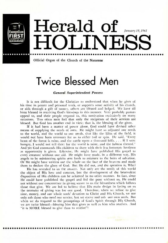 Herald of Holiness - January 18, 1961